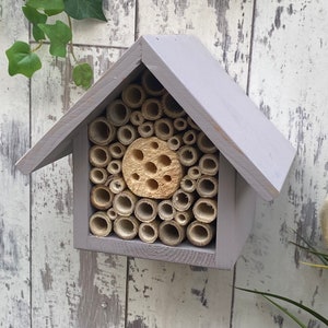 Beautifully handmade single tier wildlife habitat, Bee Hotel, Insect House. Timber and painted in Forest Mushroom.
Keyhole hanger provided.
Bamboo and drilled holes provide a perfect home for solitary bees.