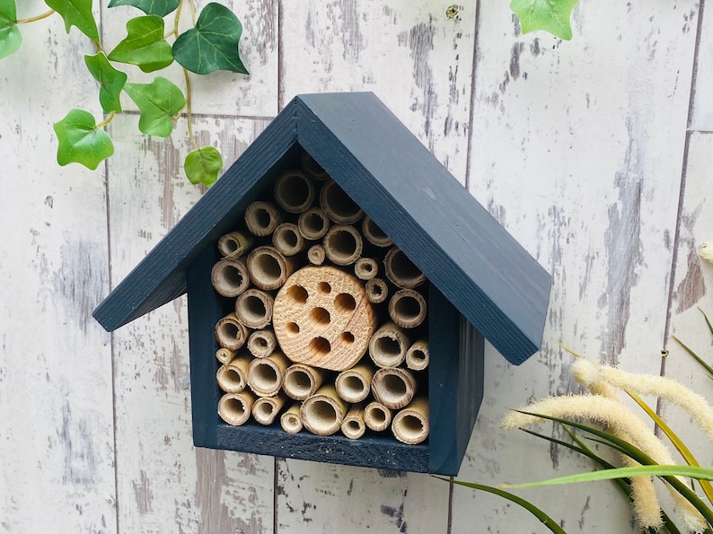 Beautifully handmade wildlife habitat, Bee Hotel, Insect House. Timber and painted in dark grey.
Keyhole hanger provided.
Bamboo and drilled holes provide a perfect home for solitary bees.