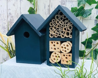 The Birds and the Bees, Bird Box & Two Tier Bee Hotel, Nesting box and Insect House, Gardener's Gift. Urban Slate, Can be personalised.