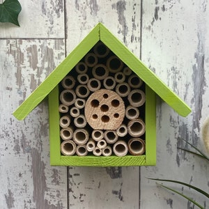 Beautifully handmade single tier wildlife habitat, Bee Hotel, Insect House. Timber and painted in Sunny Lime.
Keyhole hanger provided.
Bamboo and drilled holes provide a perfect home for solitary bees.