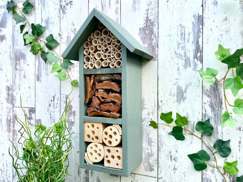 Beautifully handmade wildlife habitat, Bee Hotel, Insect House. Timber and painted in Wild Thyme, light green. Three tier.
Keyhole hanger provided.
Bamboo and drilled holes provide a perfect home for solitary bees.