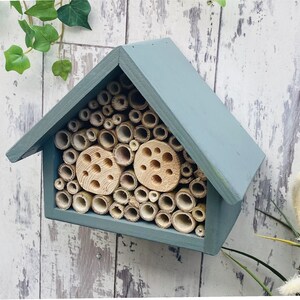 Beautifully handmade large single tier wildlife habitat, Bee Hotel, Insect House. Timber and painted in wild thyme, light green.
Keyhole hanger provided.
Bamboo and drilled holes provide a perfect home for solitary bees.