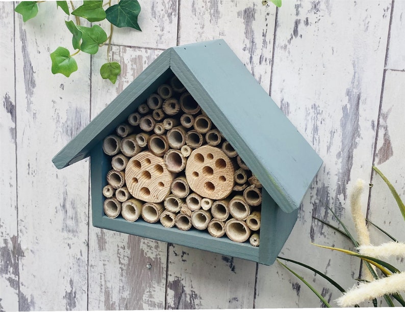 Beautifully handmade large single tier wildlife habitat, Bee Hotel, Insect House. Timber and painted in wild thyme, light green.
Keyhole hanger provided.
Bamboo and drilled holes provide a perfect home for solitary bees.