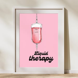 Liquid Therapy Funny Wall Art, Humorous Wine Lover Print, Aesthetic Bar Cart Decor, Pink Rosé Printable Poster, Trendy Girls Night Decor