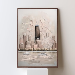 Impasto Chicago poster, Retro oil painting skyscraper art, Light pink preppy wall art, Neutral Coquette Chicago wall art, City texture art