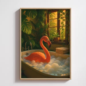 Flamingo in the bath print, Pink flamingo poster, Funny bathroom wall art, Funny animal poster, Moody bathroom decor