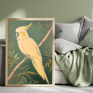 Cockatoo on bamboo branch watercolor painting, Bird downloadable art, Exotic bird print, Yellow parrot print, Vintage nature painting