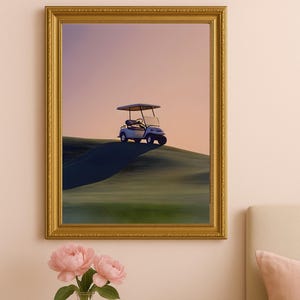Vintage Golf Cart Print: Pink Sunset Golf Course Photography (Digital Download, 5 sizes)