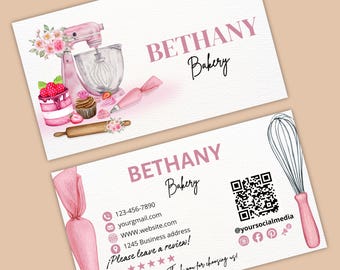 May include: Two rectangular business cards for Bethany Bakery featuring pink watercolour illustrations of a stand mixer, piping bag, whisk, rolling pin, and desserts. The cards include contact details, a QR code, and social media icons.