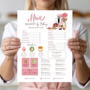 de menu Boulangerie rose | Menu de café modifiable, modèle Canva (8,5 x 11) (téléchargement numérique)