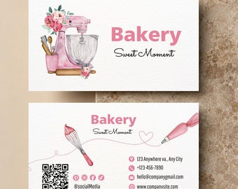 May include: Two white business cards for a bakery named Sweet Moment. The top card features a pink stand mixer with floral accents. The bottom card displays a whisk, a piping bag, a QR code, and contact details including an address and website.