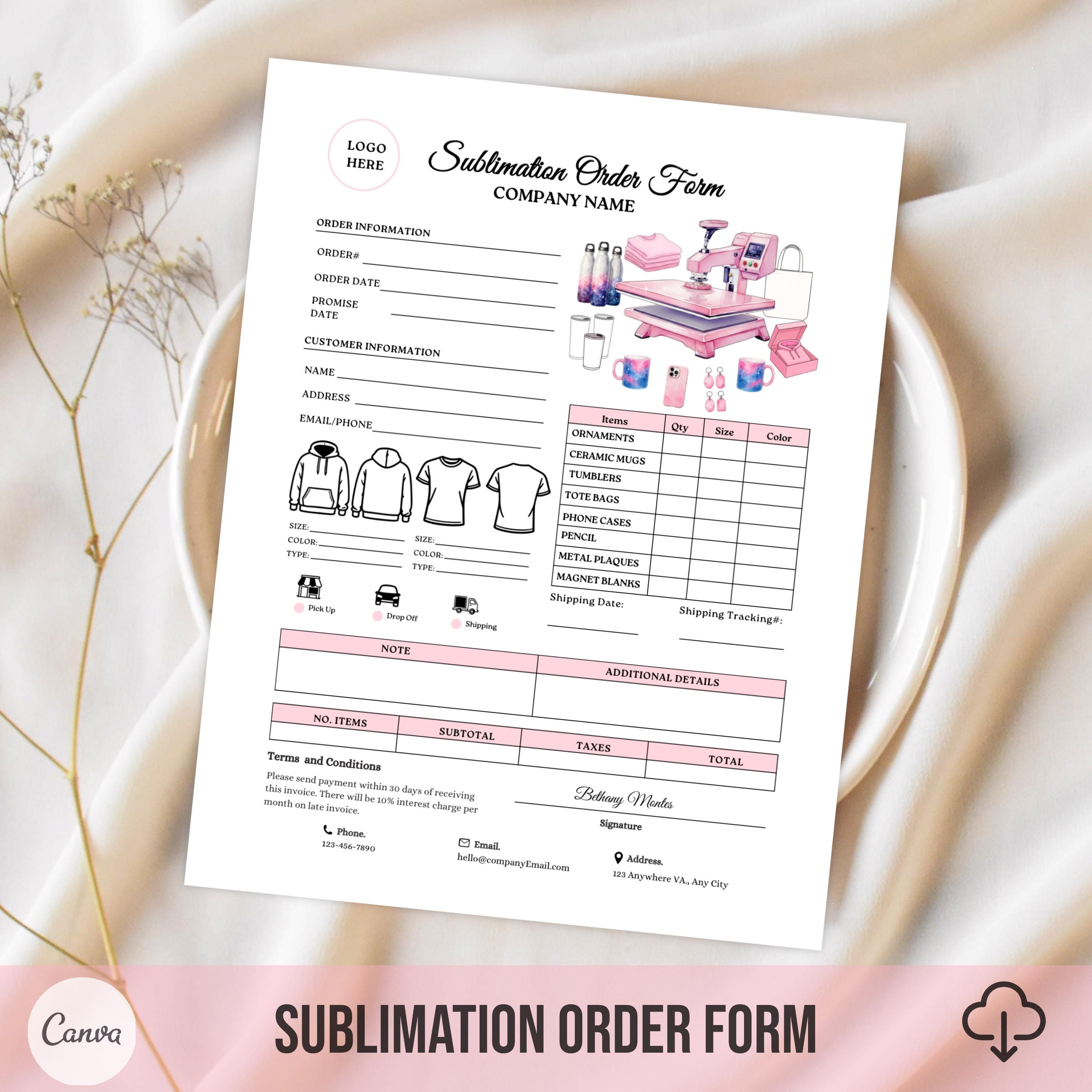 Sublimation Form Example Sublimation Order Form Template, Pink Small Business Invoice, Custom ...