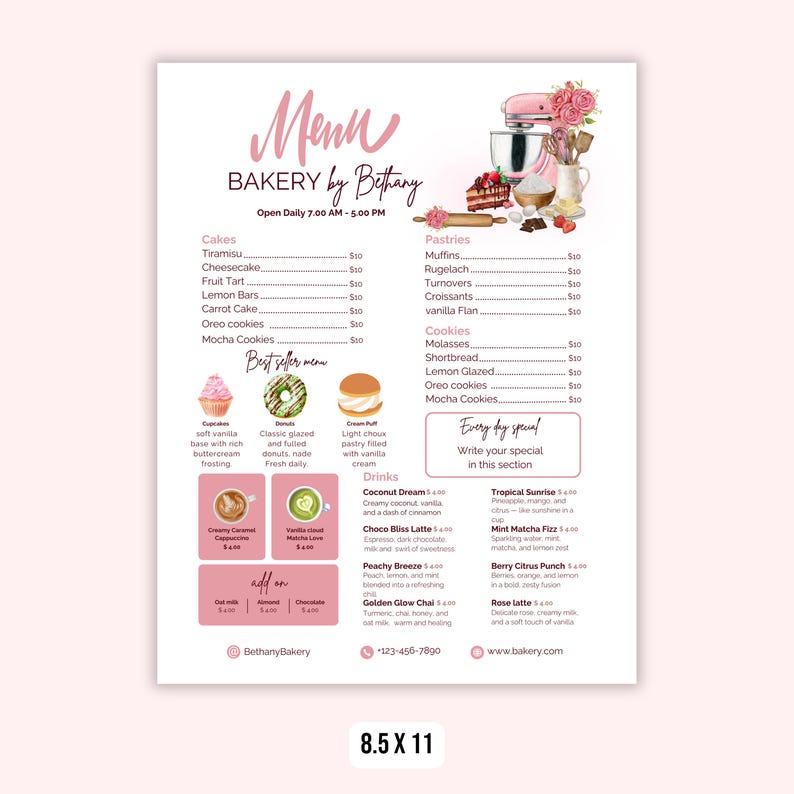 Pink Bakery Menu Template | Editable Cafe Menu, Canvatemplate (8.5x11 ...