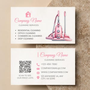 May include: A business card for cleaning services featuring a pink vacuum cleaner, a house icon, and the text Company Name. The card lists residential, office, commercial, and deep cleaning services, a QR code, phone number, email, website, and address.