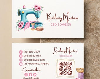 Vintage Sewing Machine Business Card Template | Editable Seamstress Design (Digital Download)