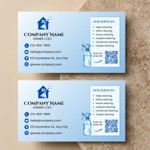 May include: A light blue business card featuring a dark blue house icon with a broom, the text COMPANY NAME, contact details, and a list of services including deep, office, house, hospital, commercial, and carpet cleaning with a QR code.