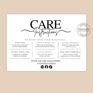 May include: A white rectangular care instruction card with black text. The header reads CARE INSTRUCTIONS, followed by guidelines: KEEP DRY, AVOID CHEMICALS, STORE PROPERLY, HANDLE WITH CARE, CLEAN GENTLY, and KEEP AWAY FROM HEAT. Includes social media icons.