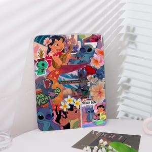 May include: A colorful collage featuring Stitch and Lilo from the Disney movie Lilo & Stitch. The collage includes images of Stitch, Lilo, flowers, and the text "You're my ohana, Stitch."