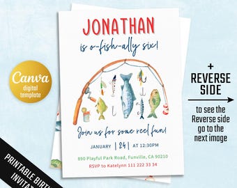 May include: A printable birthday invitation with a fishing theme. The invitation features the text "JONATHAN is o-fish-ally six!" and "Join us for some reel fun!" with watercolor illustrations of fish and fishing lures.