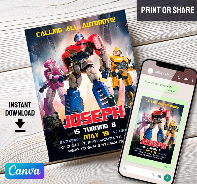 Printable Rescue Bots Birthday Invitation, Optimus Prime Invite ...