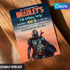 May include: A birthday party invitation featuring a Mandalorian character holding Grogu. The invitation reads "Bradley's 20th Birthday Party!" with date, time, and RSVP information. The design includes a sunset background and the Canva logo.
