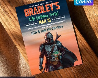 Printable boy girl birthday invitation, Mandalorian Birthday invite, editable invitation, instant download, Star Wars Birthday Party