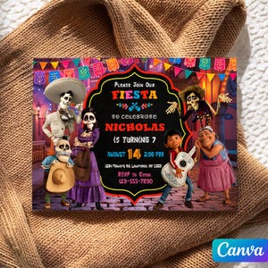 May include: A colorful invitation card with a "Fiesta" theme, featuring animated characters and the text "Please Join Our Fiesta to Celebrate Nicholas is Turning 7". The card includes the date, time, and RSVP information.