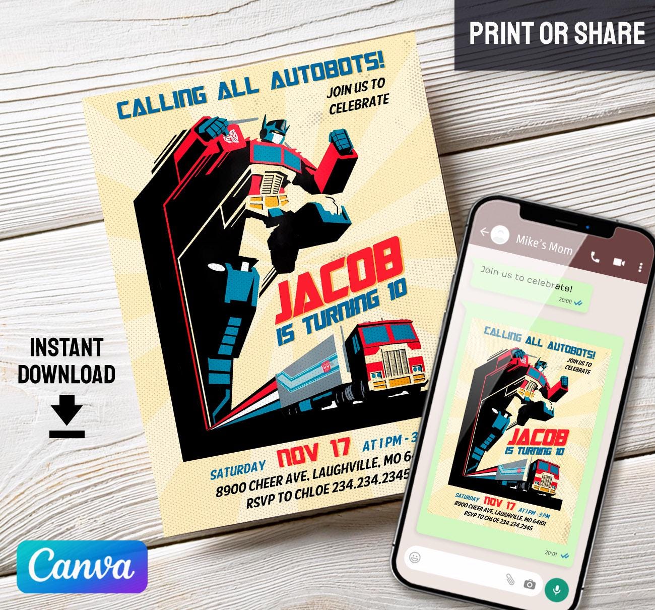 Printable Rescue Bots Birthday Invitation, Optimus Prime Invite ...