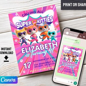 May include: A pink and purple birthday party invitation featuring cartoon superhero kittens. The invitation reads "Calling All Super Kitties" and "Elizabeth is Turning 4!" with event details and a Canva logo.