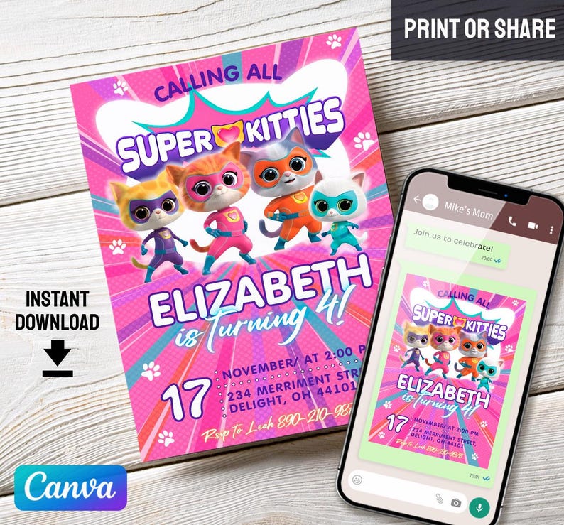 May include: A pink and purple birthday party invitation featuring cartoon superhero kittens. The invitation reads "Calling All Super Kitties" and "Elizabeth is Turning 4!" with event details and a Canva logo.