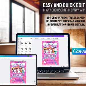 May include: A laptop and tablet displaying a pink birthday invitation with the text "Calling All Super Kitties" and "Elizabeth is turning 17". The Canva logo is visible. The image also includes the text "Easy and Quick Edit in Any Browser or in Canva App".