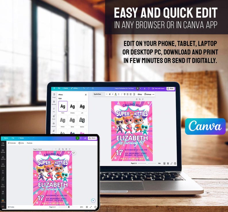 May include: A laptop and tablet displaying a pink birthday invitation with the text "Calling All Super Kitties" and "Elizabeth is turning 17". The Canva logo is visible. The image also includes the text "Easy and Quick Edit in Any Browser or in Canva App".
