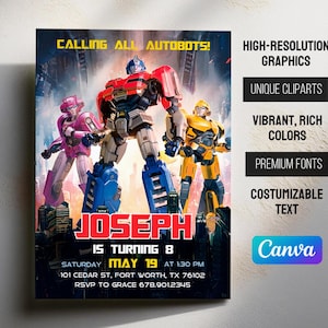 Invito di compleanno stampabile Rescue Bots, invito Optimus Prime, invito festa Autobots, invito Bumblebee, festa Transformers