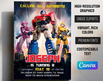 Printable Rescue Bots Birthday Invitation, Optimus Prime invite, Autobots party invitation, Bumblebee invitation, transformers party