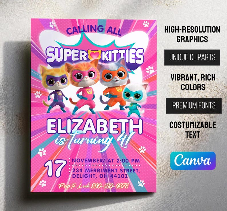 May include: A pink and blue birthday party invitation featuring cartoon superhero kittens. The invitation includes the text "Calling All Super Kitties" and "Elizabeth is Turning 4!" with event details.