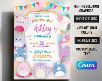 Squish invitation, Printable birthday invitation, girl birthday invite, squishmallow Editable invitation, instant download, squishy party