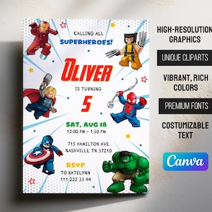 Printable Boy Birthday Invite, super hero Editable party Invitation, spiderman, hulk, captain america Invite template, avengers invitation