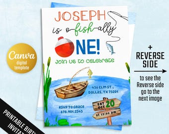 Printable Fishing birthday invitation, O-Fish-Ally One invite, Big One O-Fish-Ally Party template, editable invitation, first 1st