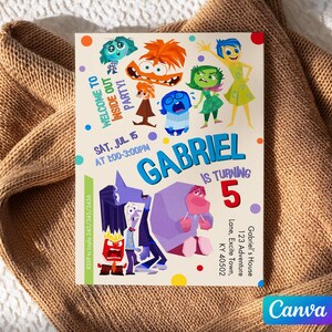 May include: A colorful birthday party invitation featuring characters from the movie "Inside Out." The invitation reads "Welcome to Inside Out Party!" and includes the name "Gabriel" and the age "5." The event details are also included.