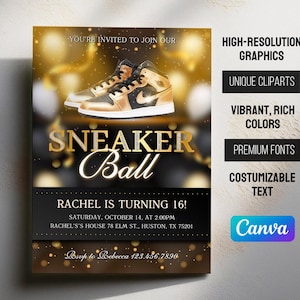 Könnte beinhalten: Goldene und schwarze Einladung zu einer Sneaker-Party mit dem Text "You're invited to join our Sneaker Ball, Rachel is turning 16!" und Details zur Party. Die Einladung hat einen goldenen und schwarzen Hintergrund mit einem goldenen Sneaker in der Mitte.
