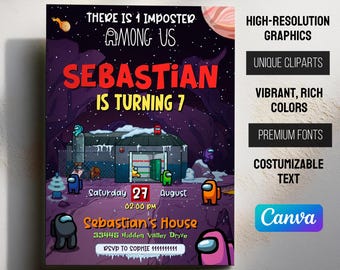 Among us birthday party invitation template, among us birthday invitate, aliens invite, ufo invitation, printable editable evite