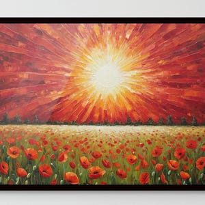 May include: Oil painting of a vibrant sunset over a field of red poppies. The sun radiates from the center, with a bright yellow core and fiery red and orange rays. The poppy field is in full bloom, with green foliage.