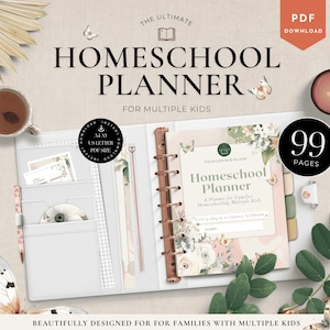 May include: A printable homeschool planner with a floral design. The planner is for families with multiple children and includes 99 pages. The cover features the text "The Blossom & Bloom Homeschool Planner" and "Every day is a chance to bloom".