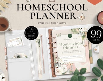 May include: A printable homeschool planner with a floral design. The planner is for families with multiple children and includes 99 pages. The cover features the text "The Blossom & Bloom Homeschool Planner" and "Every day is a chance to bloom".