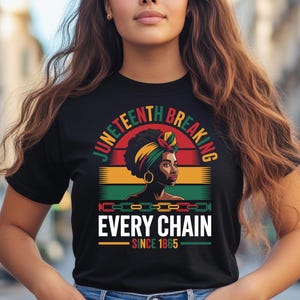 Mujer afroamericana del Juneteenth SVG, diseño "Rompiendo todas las cadenas" (descarga digital)
