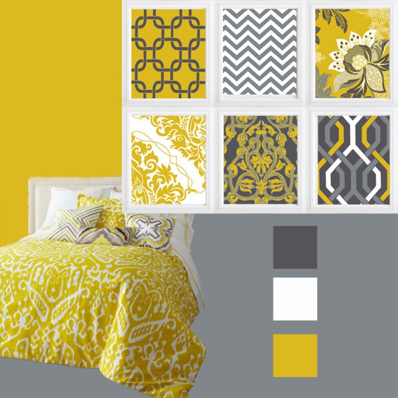 Mustard Yellow and grey Geometric patterns digital art print Etsy