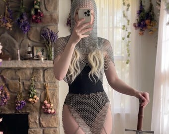 Female Armor Chainmail Set Coif Shoulder Top & Skirt for Cosplay LARP Ren Faire