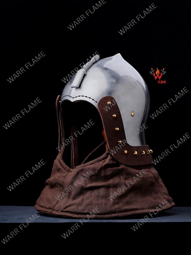 Front angle battle-ready knight helmet without Faceplate