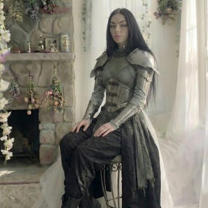 May include: A person wearing a silver-toned medieval-style armor set, including shoulder pads, a chest piece, and chainmail accents. The outfit is paired with black pants and boots. The setting includes a stone fireplace and floral decorations.