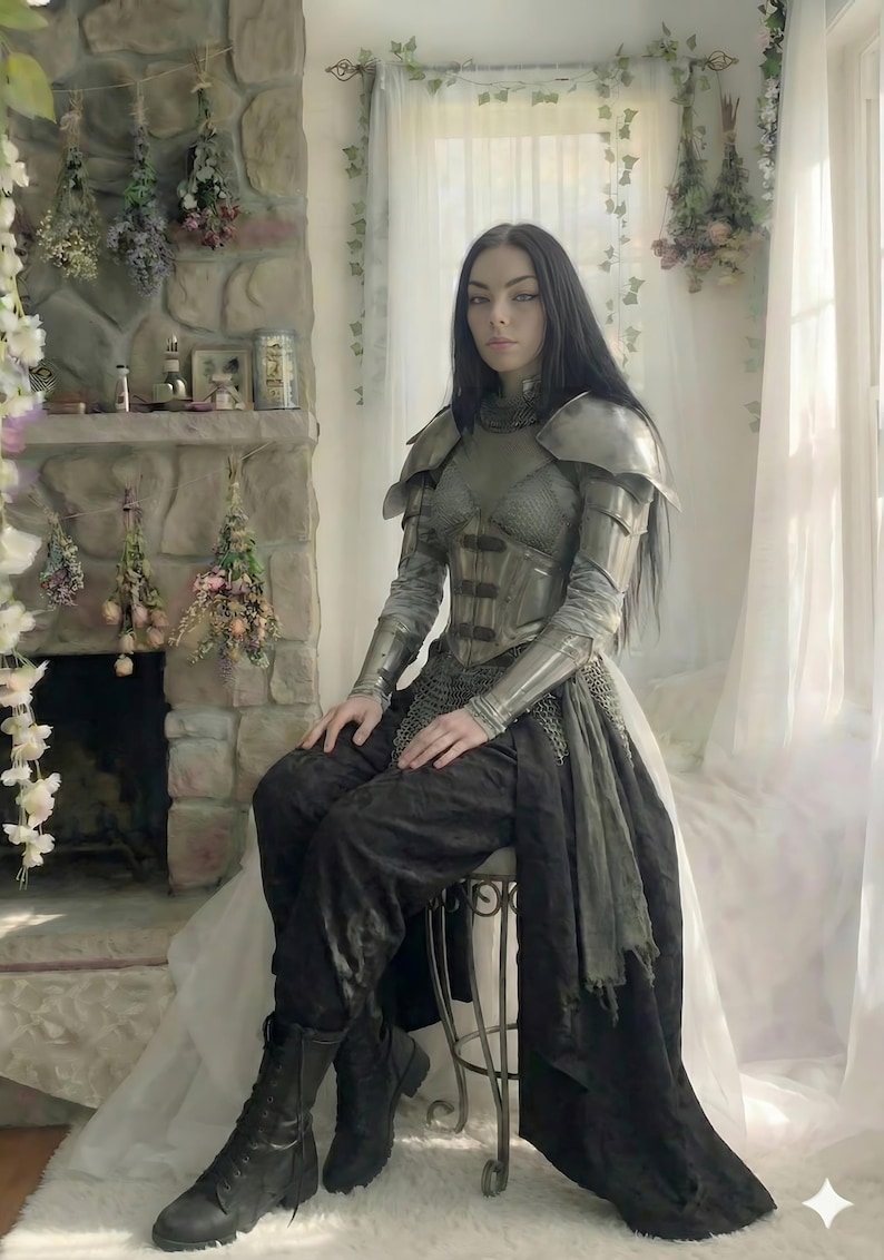May include: A person wearing a silver-toned medieval-style armor set, including shoulder pads, a chest piece, and chainmail accents. The outfit is paired with black pants and boots. The setting includes a stone fireplace and floral decorations.